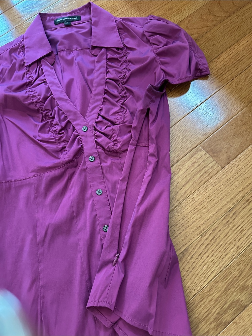 Express Magenta Ruffle-Front Button Down Blouse - Picture 3 of 3